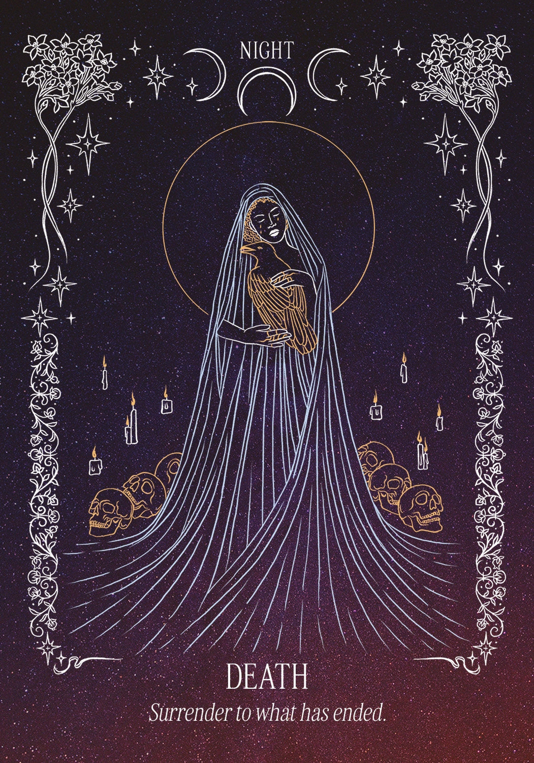 Artistic depiction of a figure labeled 'Death' with celestial elements on a dark background.