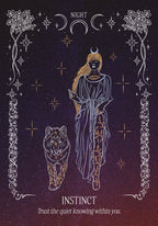 Illustration of a woman with a wolf and celestial elements on a dark background