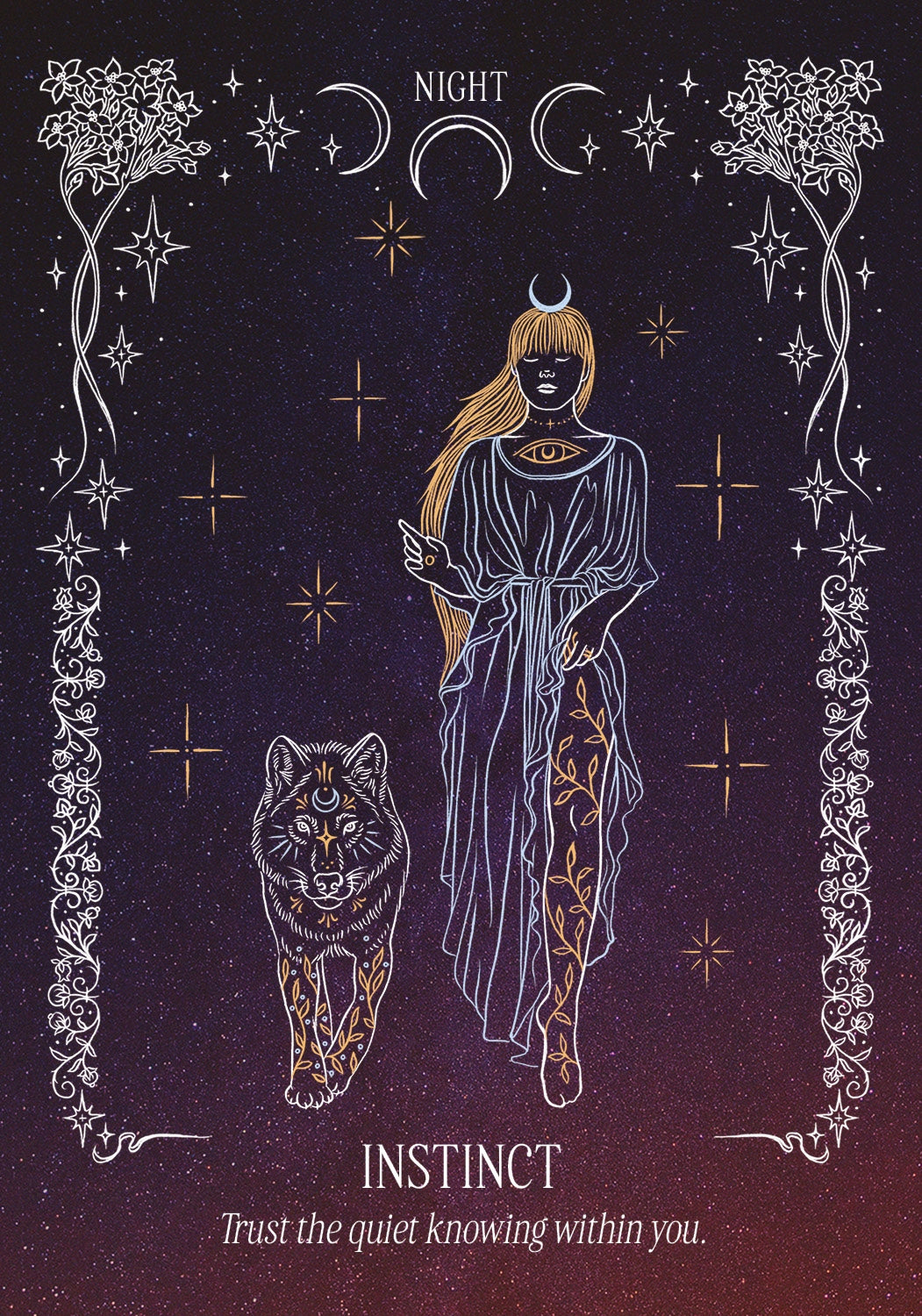Illustration of a woman with a wolf and celestial elements on a dark background
