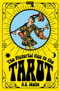 Book cover of 'The Pictorial Key to the Tarot' with a stylized illustration of a tarot card character on a yellow background.