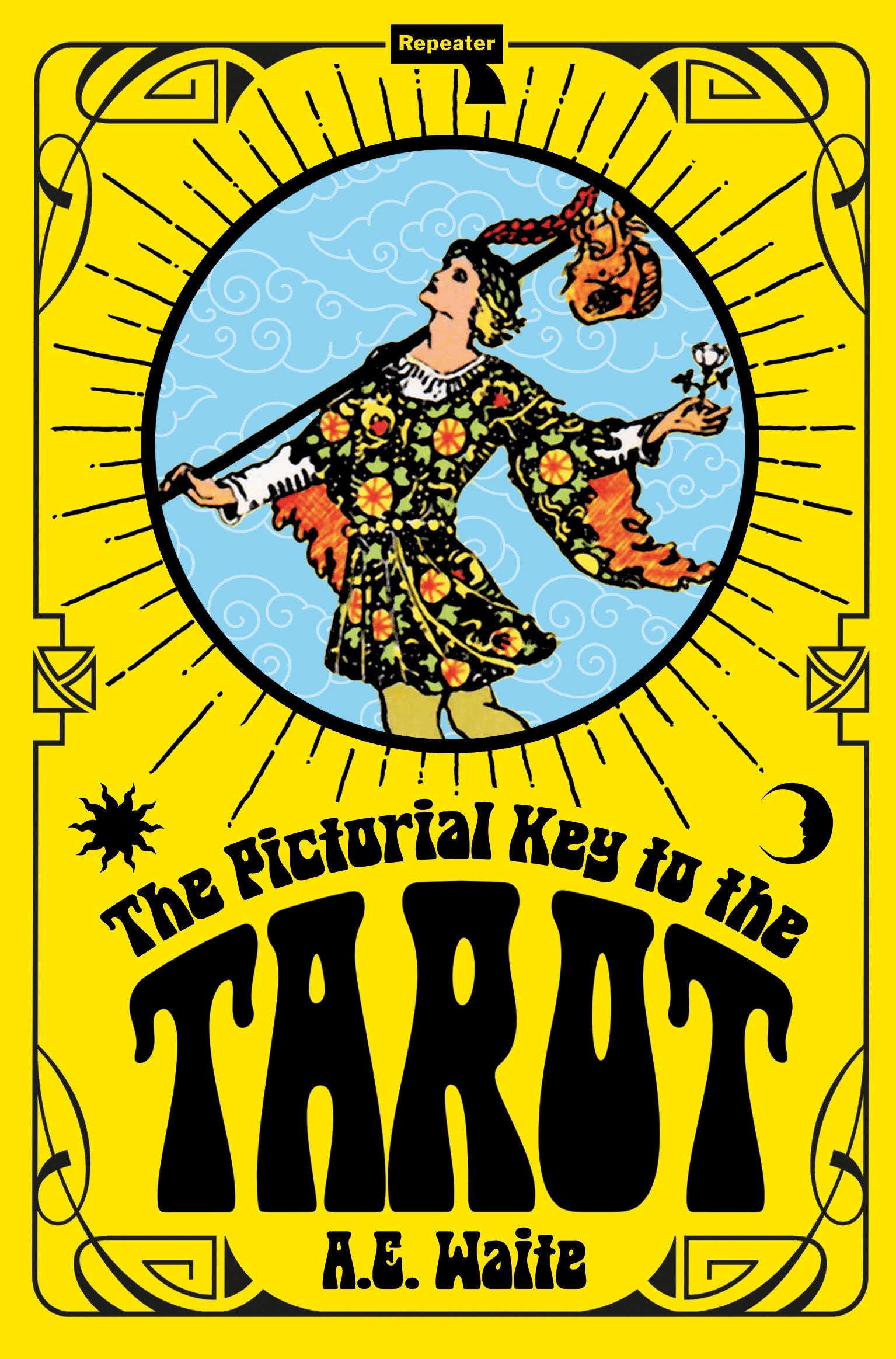 Book cover of 'The Pictorial Key to the Tarot' with a stylized illustration of a tarot card character on a yellow background.