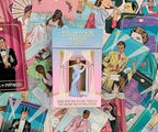 Tinseltown Tarot card deck surrounded by vintage-style illustrations of people in formal attire.