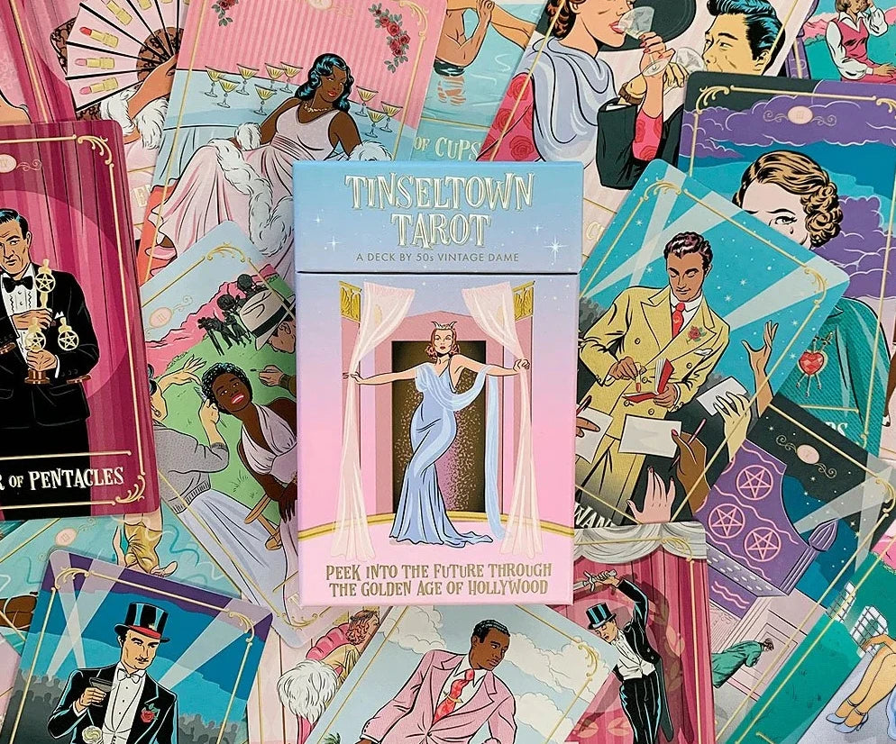 Tinseltown Tarot card deck surrounded by vintage-style illustrations of people in formal attire.