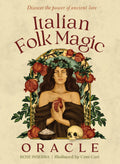 Book cover of 'Italian Folk Magic Oracle' with a woman holding pomegranates and a skull, surrounded by leaves and pomegranates.