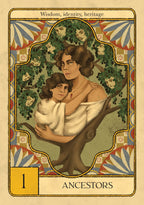 Vintage-style card with two people embracing, surrounded by decorative elements and text.