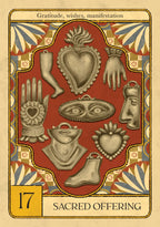 Decorative card with religious symbols and text on a red background
