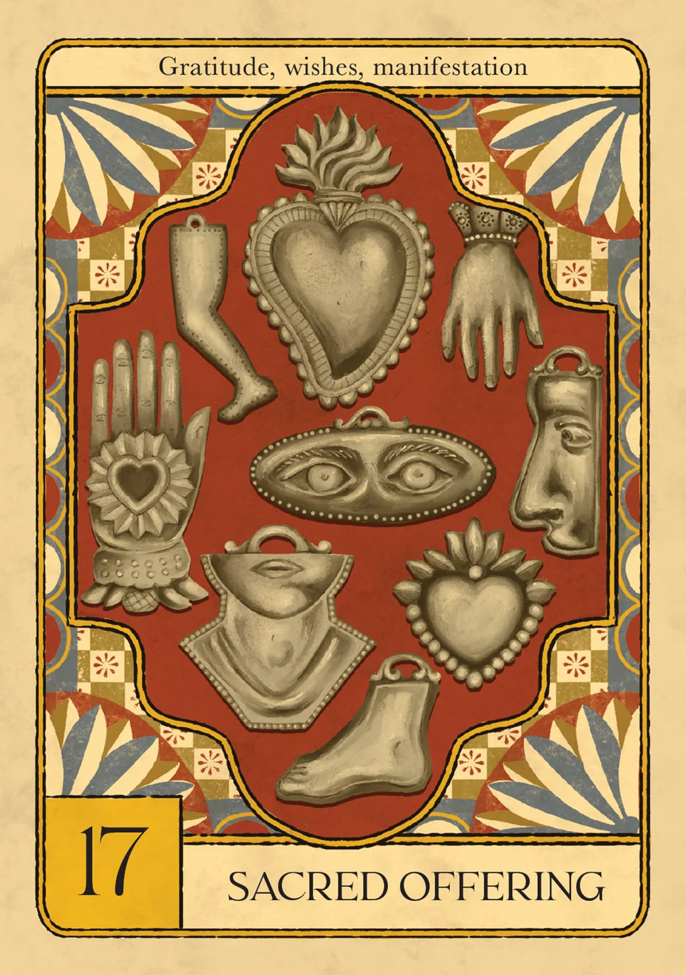 Decorative card with religious symbols and text on a red background