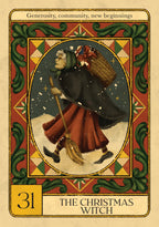 Vintage-style card featuring a Christmas witch with decorative border and text.