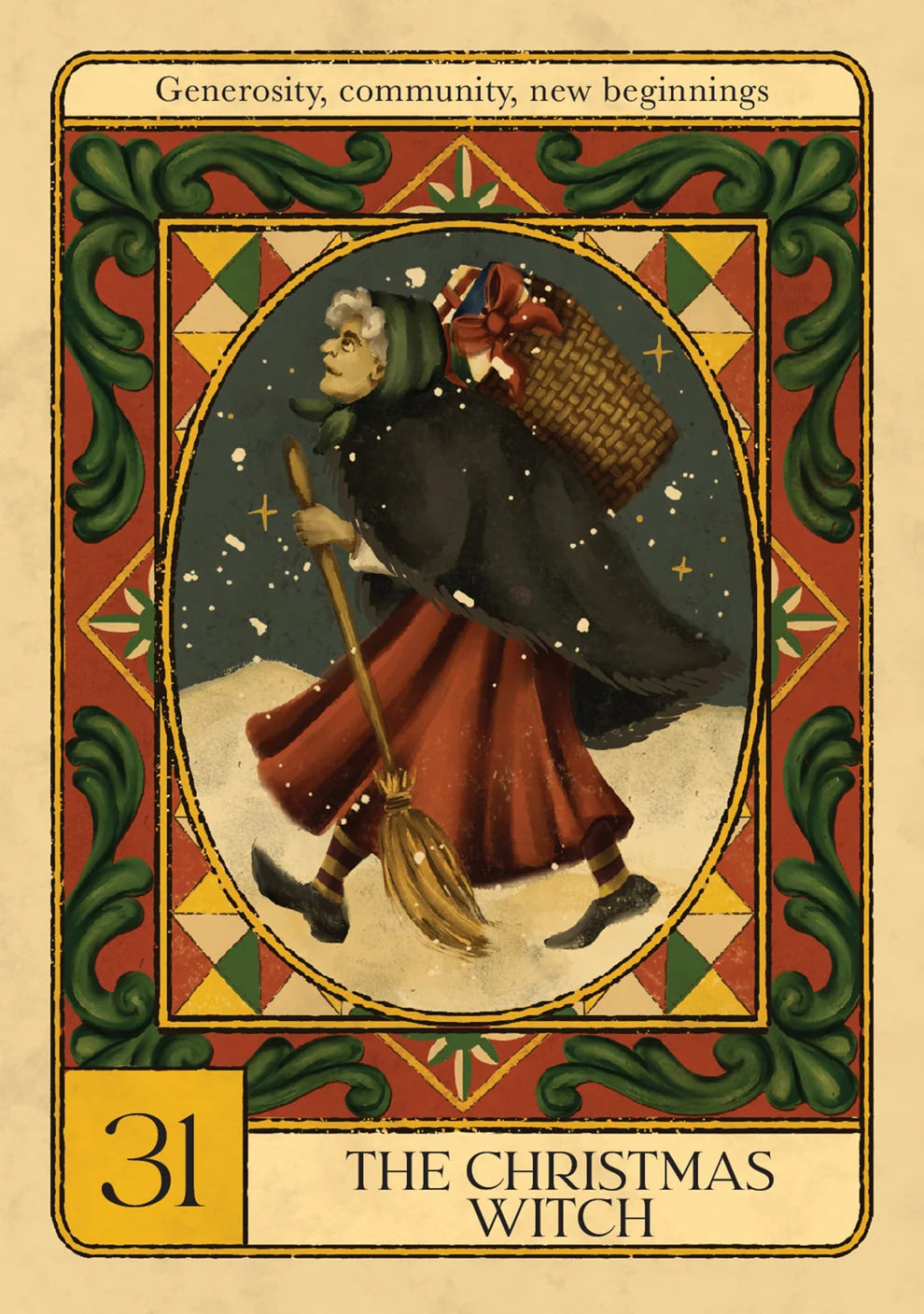 Vintage-style card featuring a Christmas witch with decorative border and text.