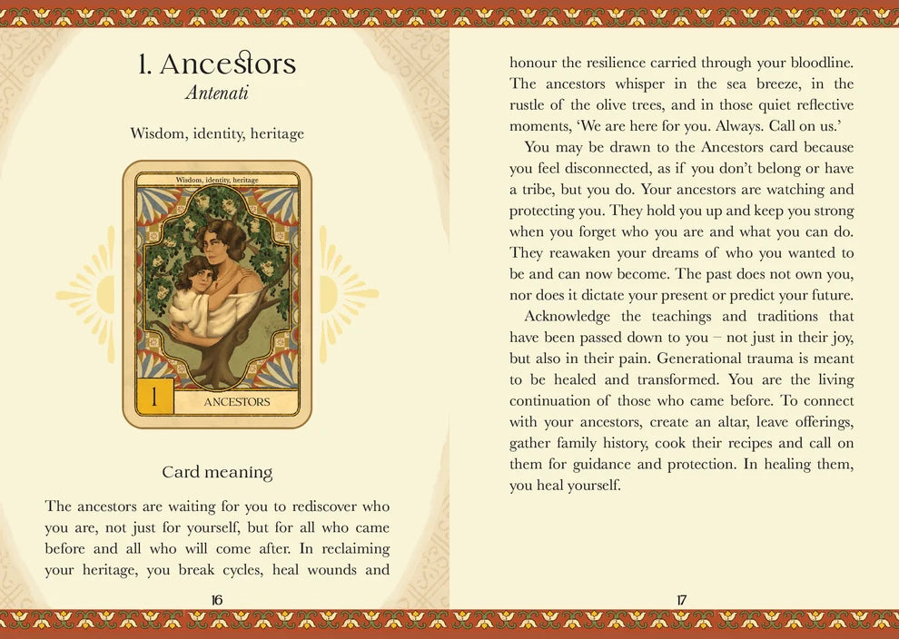 A printed page titled 'I. Ancestors Antecedent' with ornate border decoration, a central card labeled 'ANCESTORS,' and multiple paragraphs of text explaining ancestral meaning and guidance.