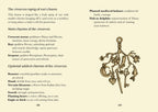 Decorative charm with keys, heart, and sword on a beige background with text about the 'cimaruta' charm.