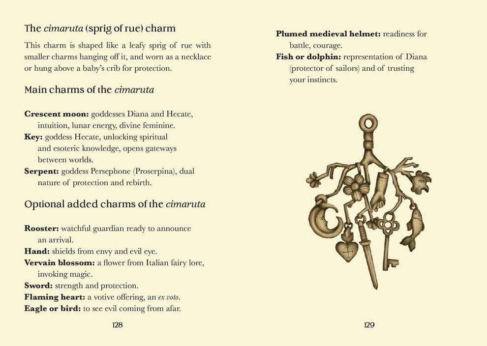 Decorative charm with keys, heart, and sword on a beige background with text about the 'cimaruta' charm.