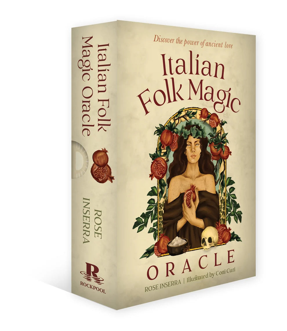 Book titled 'Italian Folk Magic Oracle' with a decorative cover featuring a woman and nature elements.