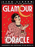 Front cover of the book Glamour Oracle by Lisa Lister, illustrated by Mira Nurdianti. The cover features a retro 1920s-style illustration of a woman in a pink leopard-print dress against a red background with stars and a crescent moon.