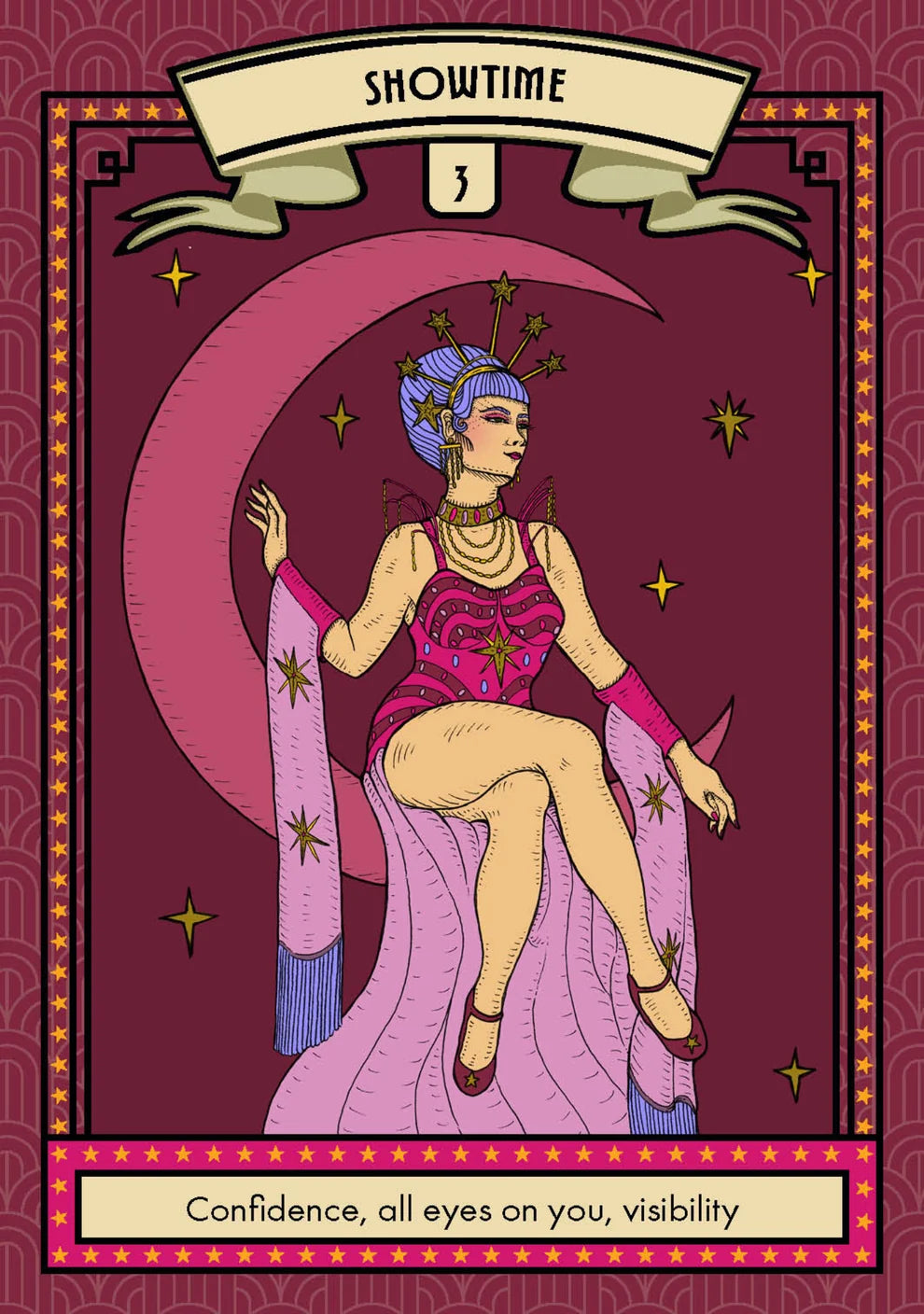 A stylized tarot card titled 'SHOWTIME 3' featuring an illustrated woman seated on a crescent moon, wearing a pink and purple outfit with stars, on a deep burgundy background with decorative borders and text at the bottom reading 'Confidence, all eyes on you, visibility'.