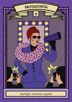 A stylized illustrated card or poster design with the Spanish word 'PROTAGONISTA' at the top and the phrase 'Spotlight, authority, appeal' at the bottom. The central figure has red hair, wears sunglasses, a purple suit, and a pink leopard-print collar, holding a megaphone.
