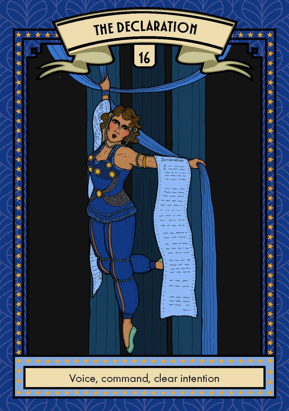 The Declaration tarot card featuring an illustration of a woman in a blue costume holding up a long scroll, framed by a decorative blue border with the text 'THE DECLARATION' and 'Voice, command, clear intention'.