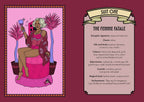 Illustrated product card titled 'SUIT ONE' and 'THE FEMME FATALE' on a dark burgundy background, showing a stylized woman in a pink outfit seated in a pink chair beside a list of energetic, colors, and ingredients.