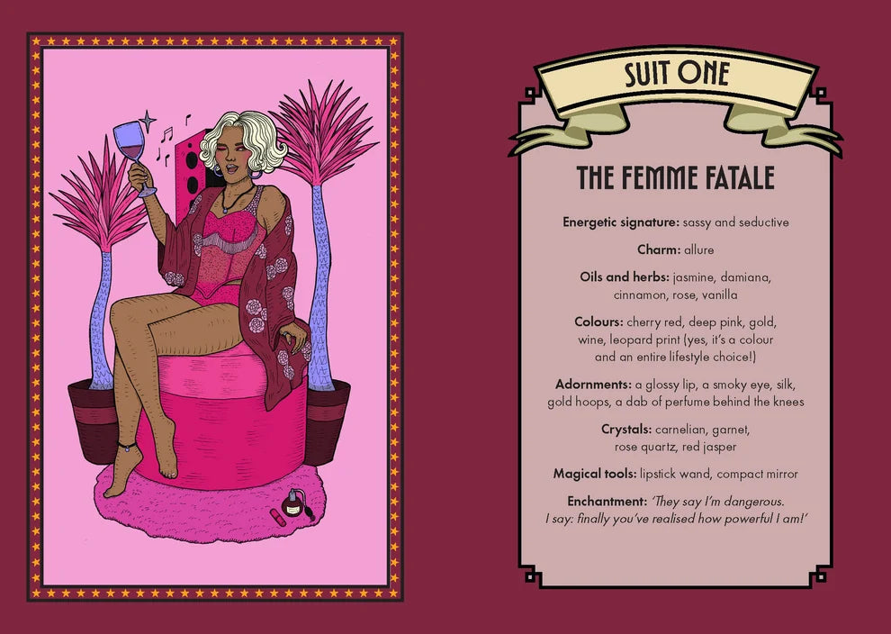 Illustrated product card titled 'SUIT ONE' and 'THE FEMME FATALE' on a dark burgundy background, showing a stylized woman in a pink outfit seated in a pink chair beside a list of energetic, colors, and ingredients.