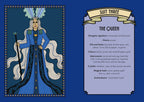 A flat graphic card or poster design featuring a stylized illustration of 'The Queen' from a tarot or suit-three theme on the left, and descriptive text on the right against a dark blue background.