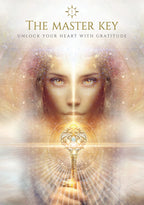 Poster with a woman holding a key and text about gratitude and enlightenment.