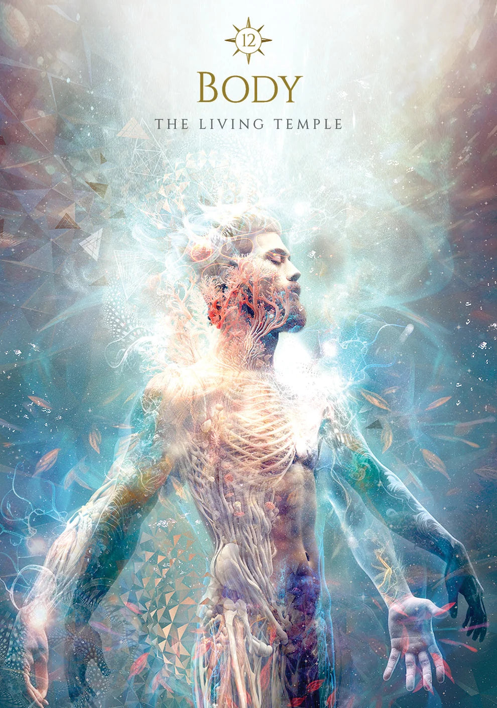 Artistic depiction of a human body with a spiritual or metaphysical theme, featuring the text 'BODY THE LIVING TEMPLE'.