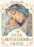 Book cover for 'Divine Motherhood Oracle' by Marie Brandon, featuring a soft, painterly illustration of a mother and child embracing, with ornate gold decorative borders and typography on a warm cream background.
