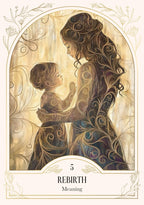 A tarot card titled '5 REBIRTH Meaning' featuring an ornate illustration of a mother and child in a warm, swirling gold and beige palette with delicate floral borders.