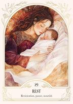 Woman holding a baby with decorative elements and text '29 Rest' at the bottom.