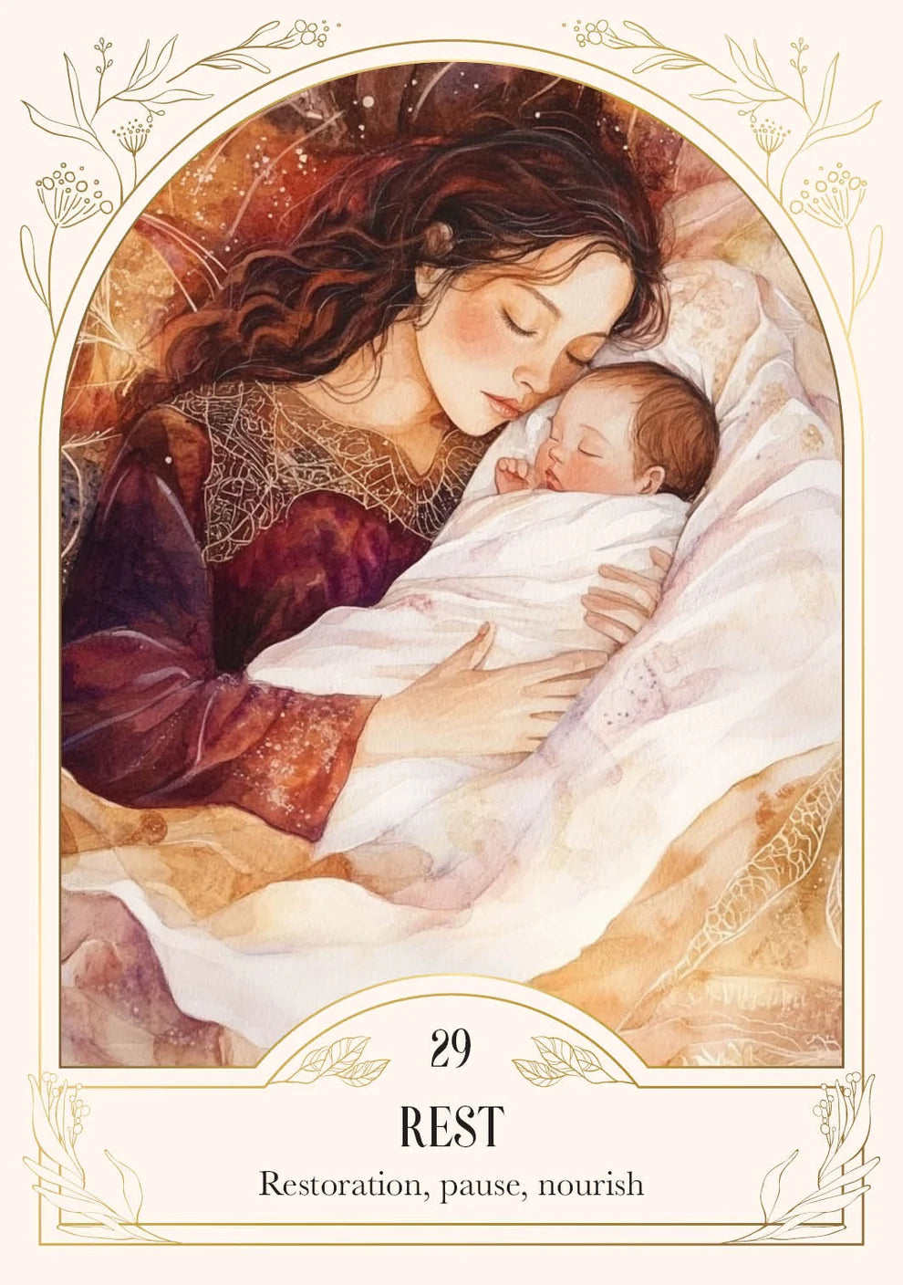 Woman holding a baby with decorative elements and text '29 Rest' at the bottom.
