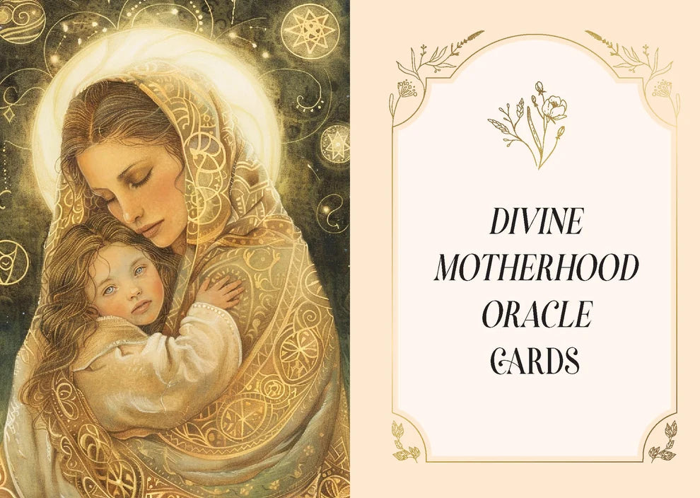 Divine Motherhood Oracle Cards with illustration of a woman holding a child and card text.
