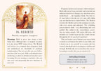 An interior page from a journal or book featuring a gold-bordered layout with the heading '26. REBIRTH' and paragraphs of reflective text about pregnancy, rebirth, meaning, and journaling prompts.