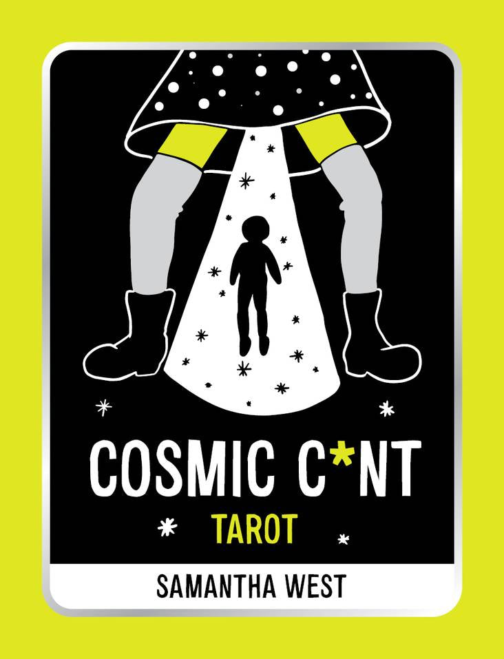 Book cover of 'Cosmic C*nt Tarot' by Samantha West with a black and white illustration on a yellow background.