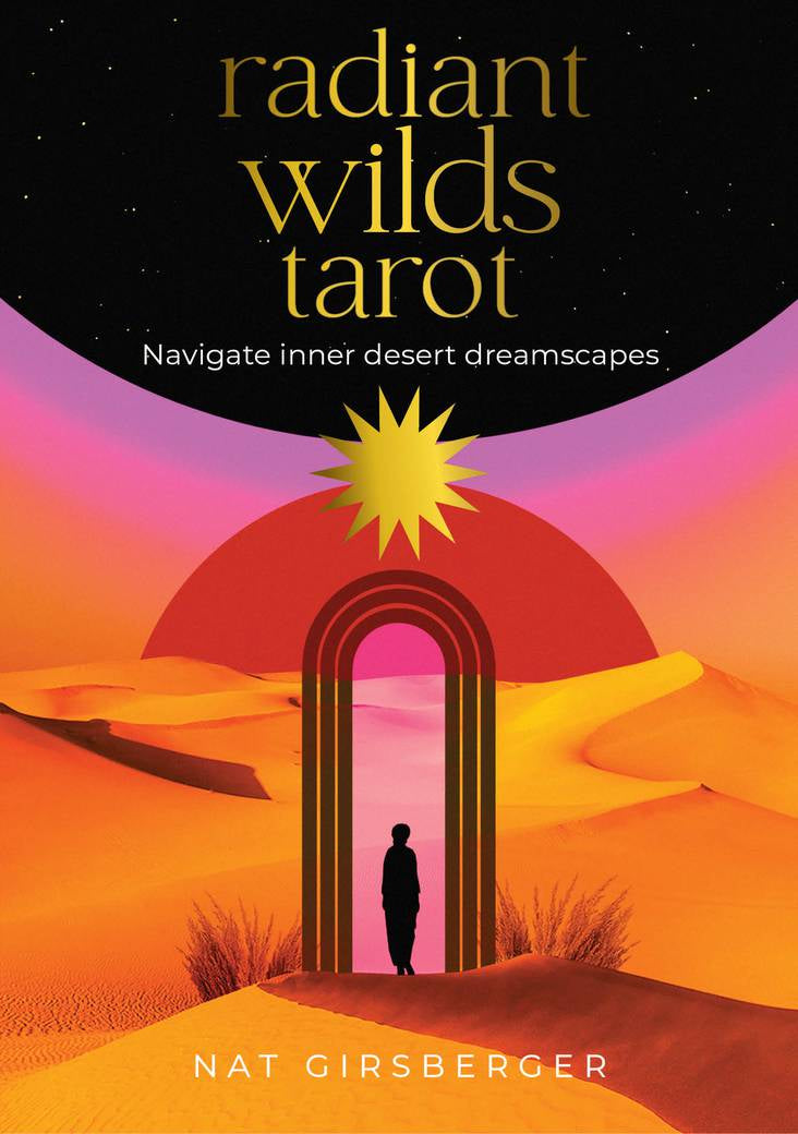 Book cover of 'Radiant Wilds Tarot' with a desert scene and archway.