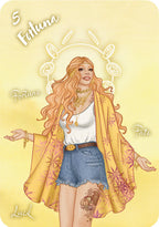 Illustration of a woman with long hair and a yellow card with text on a yellow background