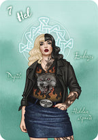 Illustration of a woman with tattoos and a wolf design on her shirt, with text around her on a teal background.