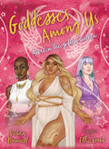 Book cover of 'Goddesses Among Us' with three illustrated women on a pink background.