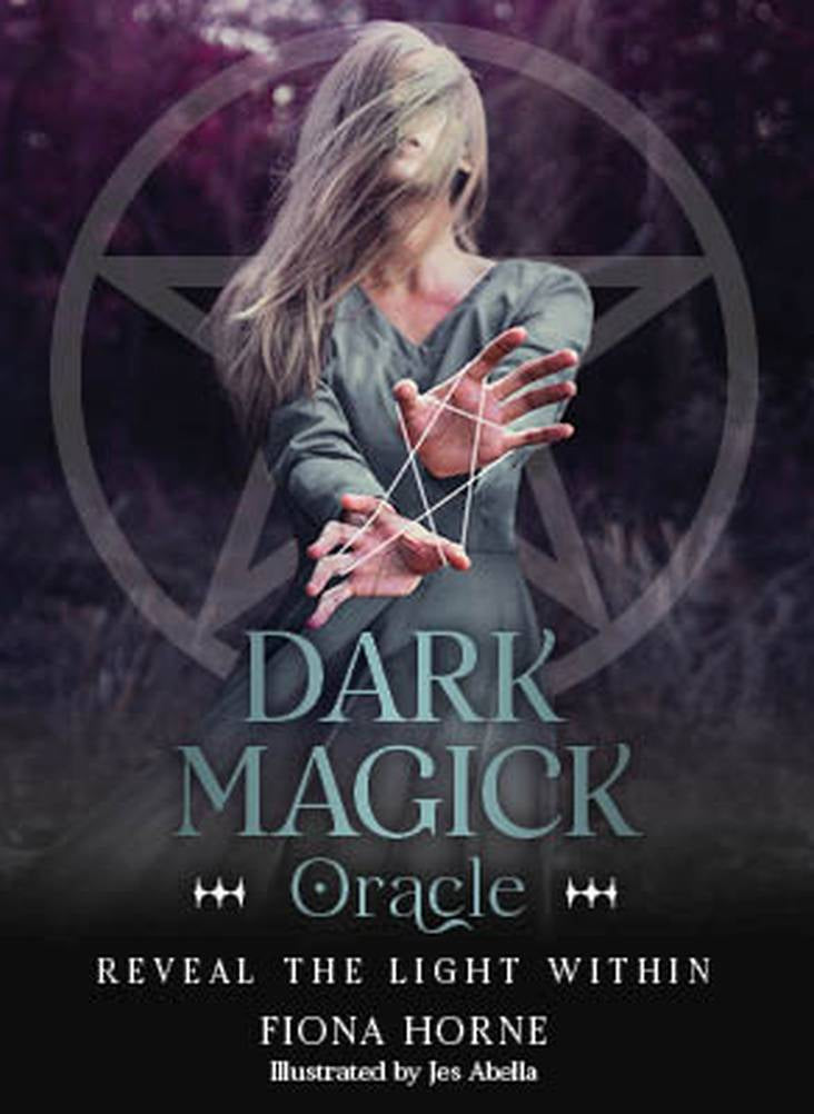 Book cover of 'Dark Magick Oracle' with a person holding hands over a pentagram symbol.