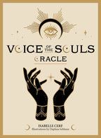 Book cover of 'Voice of the Souls Oracle' with hands and eye design on a beige background