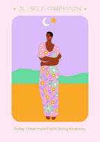 Illustration of a person with arms crossed against a colorful landscape with text about self-compassion.