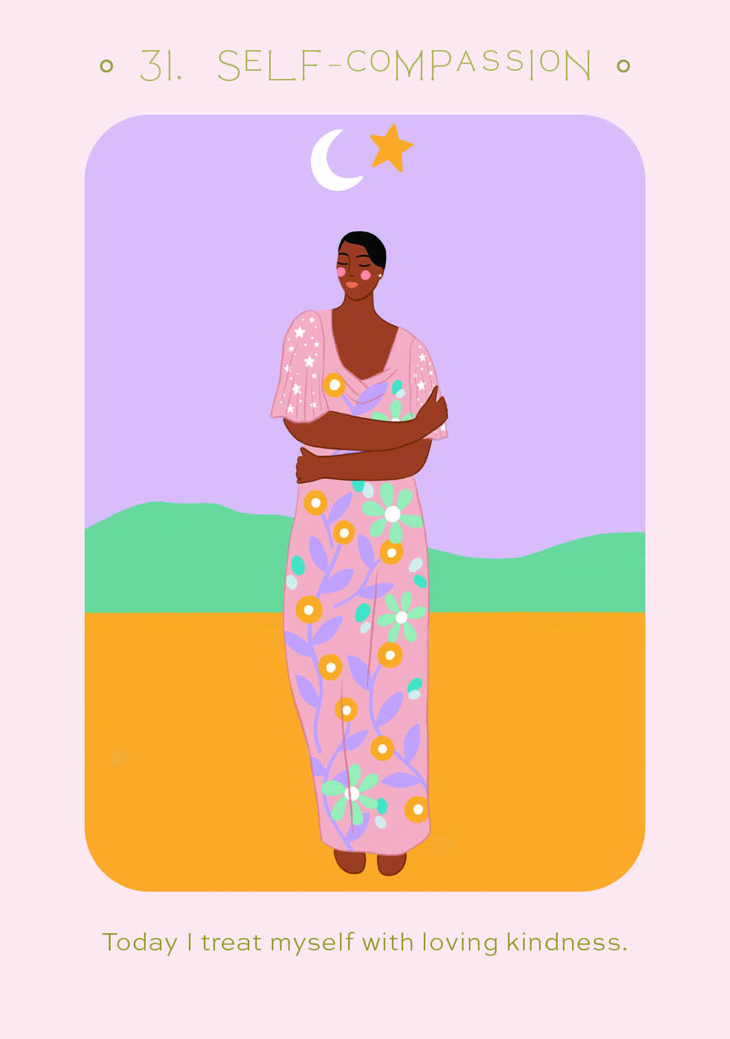 Illustration of a person with arms crossed against a colorful landscape with text about self-compassion.