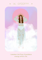 Illustration of a woman in a long, light-colored dress with a pink halo and cloud background, labeled 'Goddess'.