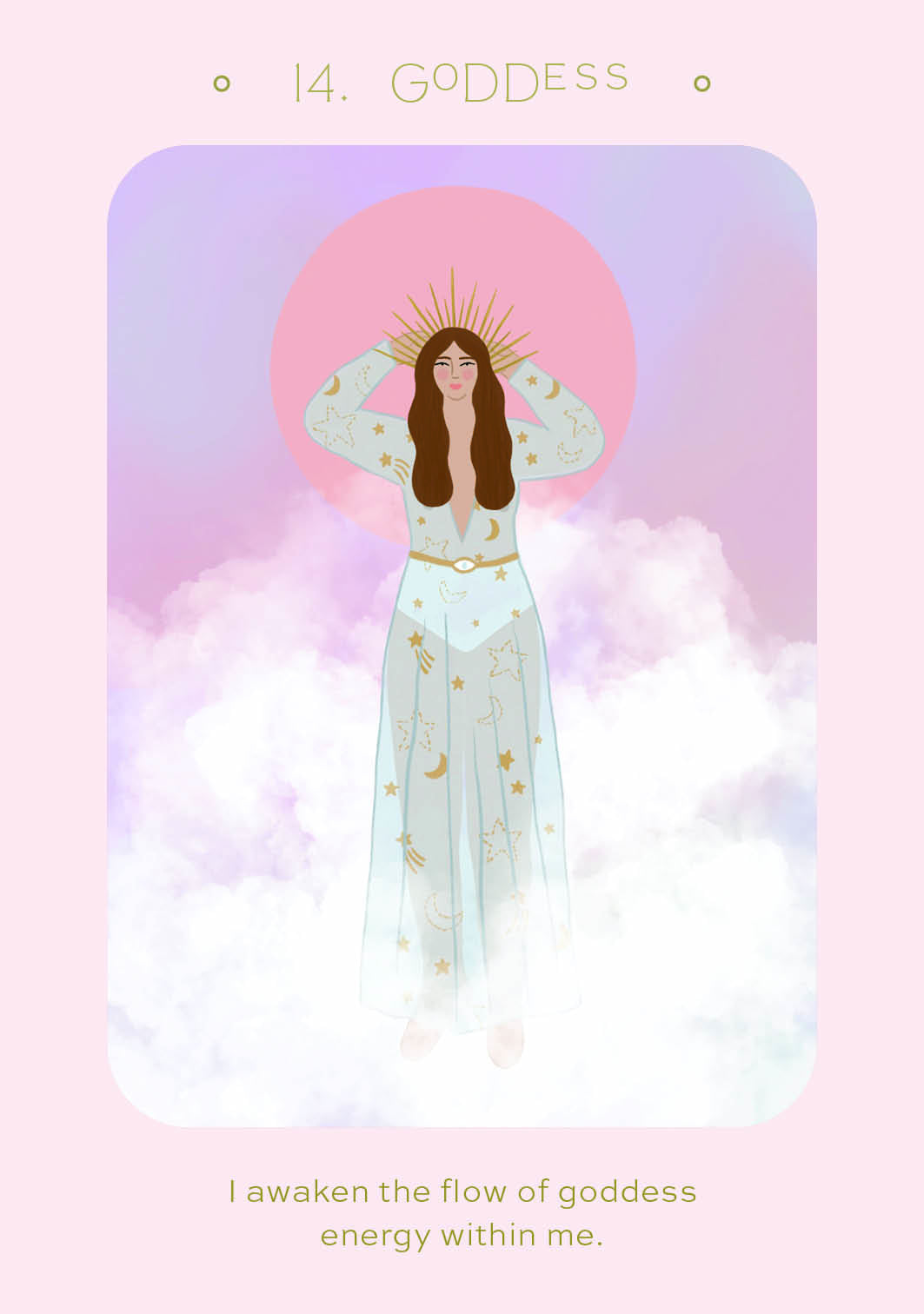 Illustration of a woman in a long, light-colored dress with a pink halo and cloud background, labeled 'Goddess'.