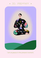 Illustration of a person meditating with colorful patterns, set against a gradient background.