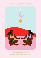Illustration of two women sitting together with a colorful background and text about connection.