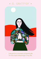 Illustration of a woman wearing a colorful floral garment with a pink and red background, featuring the word 'Gratitude'.