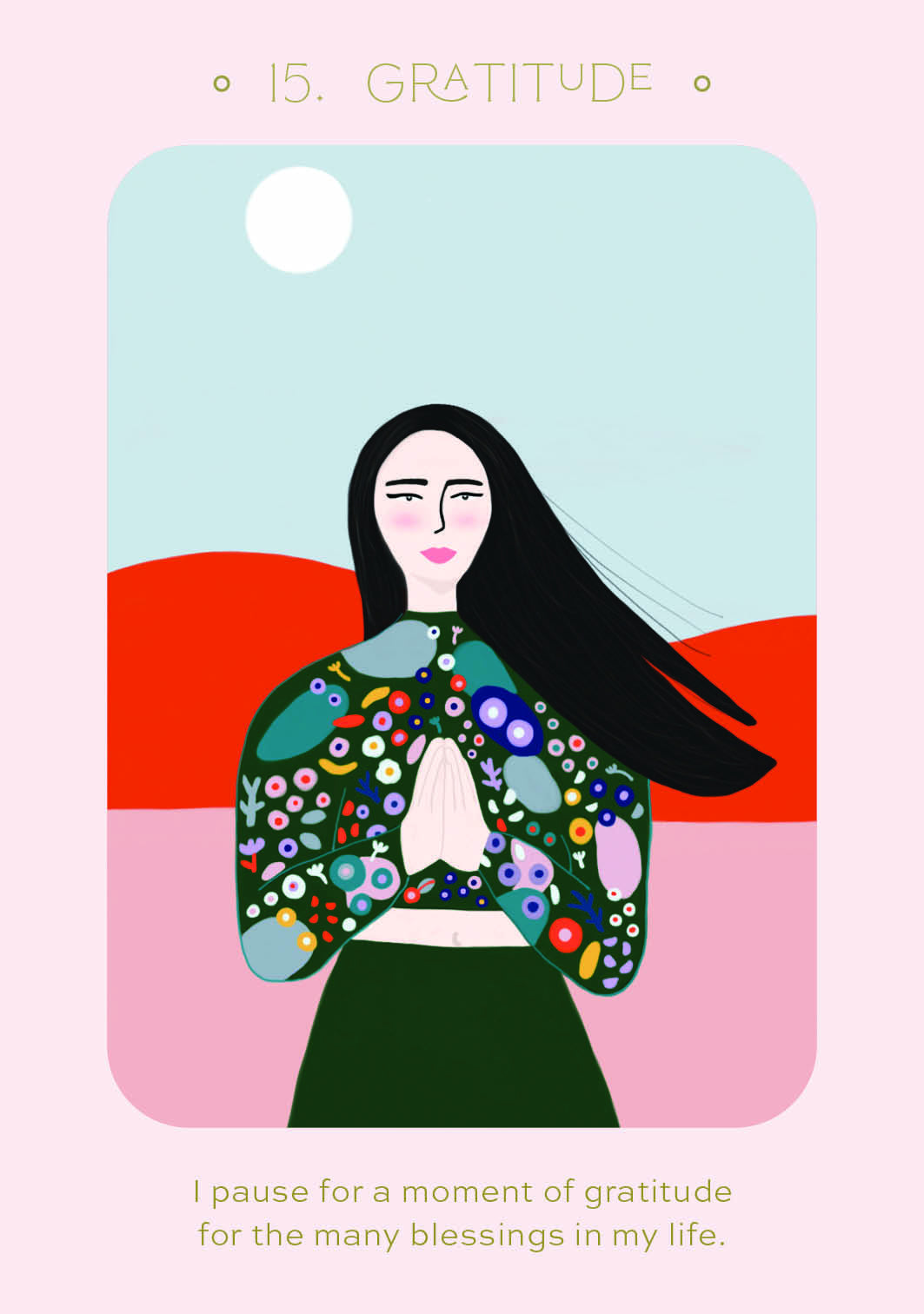 Illustration of a woman wearing a colorful floral garment with a pink and red background, featuring the word 'Gratitude'.