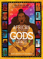 Book cover of 'African Gods Oracle' with illustrations and text on a colorful background