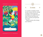 Card with a rabbit character in nature and text about going outside on a red background