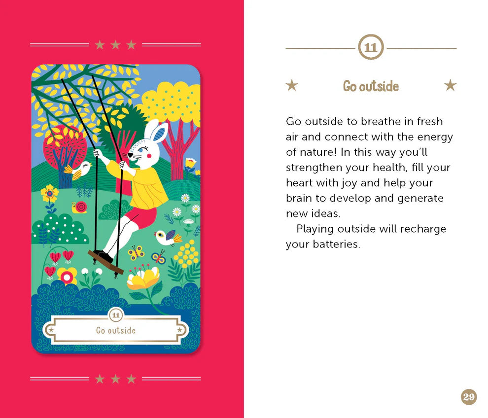 Card with a rabbit character in nature and text about going outside on a red background